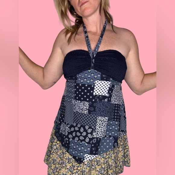 Boho Bandana Patchwork Halter Top Women’s Size SMALL Handkerchief Hem Tube Style - Picture 1 of 4